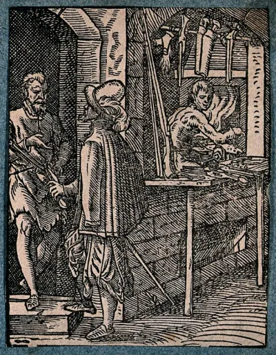 A gunsmith's shop: a customer talks to the gunsmith, while an assistant works metal in a furnace