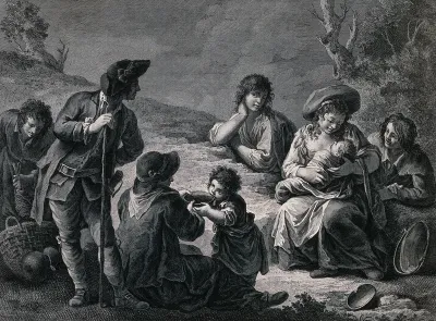 A gypsy family partaking of food and wine while resting from their travels