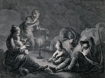A gypsy family resting after a long journey