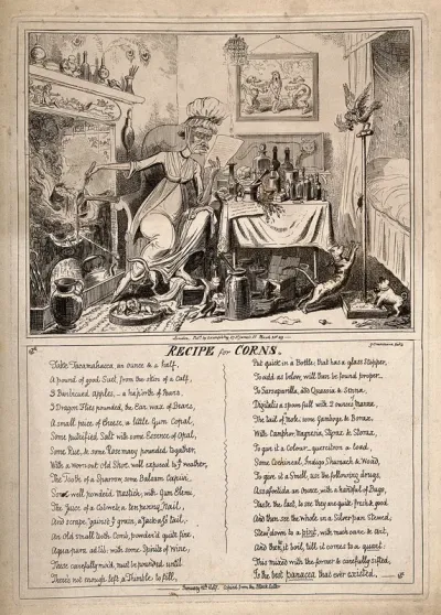 A haggard old woman carelessly mixing a recipe for corns on the fire in her sordid bedroom
