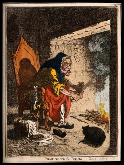 A haggard old woman taking a large file to the corns on her feet