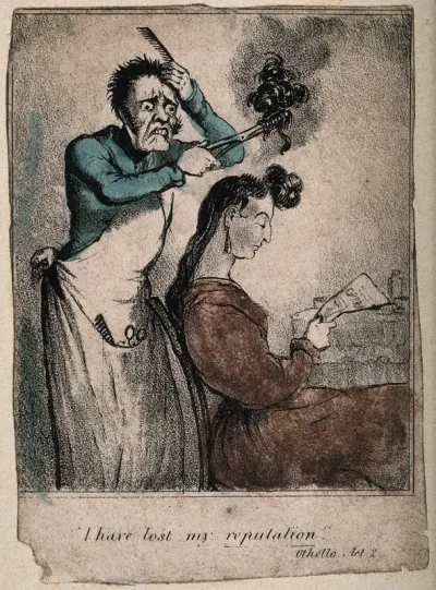 A hair-dresser accidentally severing a woman's locks with his curling tongs