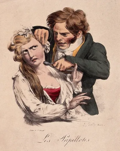 A hairdresser is using curling papers to curl a woman's hair