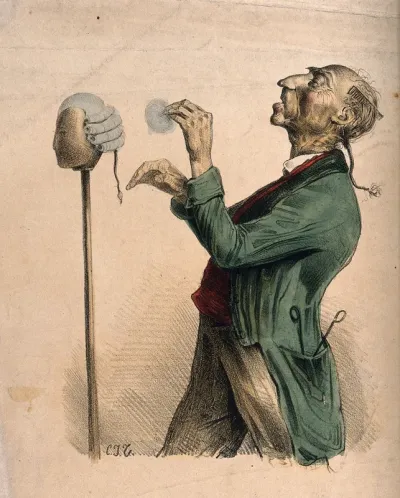 A hairdresser powdering a wig on a stand