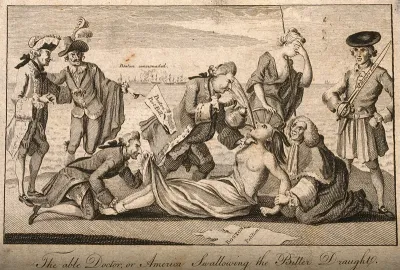 A half naked woman held by two men, one of whom is peering up her skirt, while another forcibly pours the contents of a teapot down her throat which she spits back into his face: representing America being punished by British politicians with the Bos
