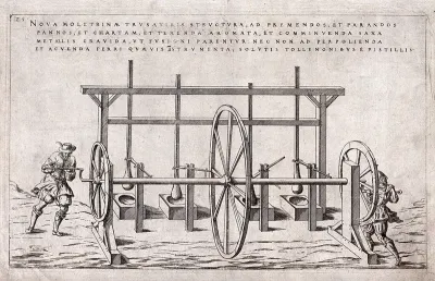 A hand mill with four mortars operated by two assistants