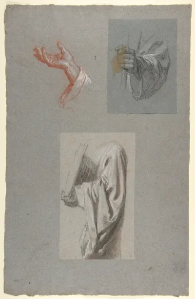 a.  Hand of Saint Remi; b.  Hand of Saint Remi; c.  Drapery Study for Acolyte Holding Book (middle register); (studies for wall paintings in the Chapel of Saint Remi, Sainte-Clotilde, Paris, 1858)