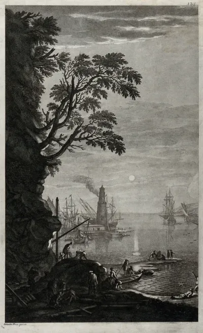 A harbour in the evening with men working in the foreground, while others are contemplating the sunset or swimming