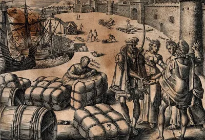 A harbour in which bales of goods are being traded between two merchants: falsehood and fraud govern the transaction, aided by an untrained clerk; representing the fraudulent use of commercial law