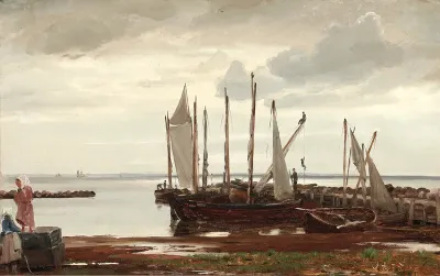 A harbour with moored fishing boats and on the shore fishwives.