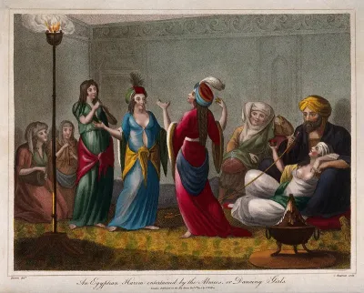 A harem in Egypt: a man caressing a woman watches two women dancing