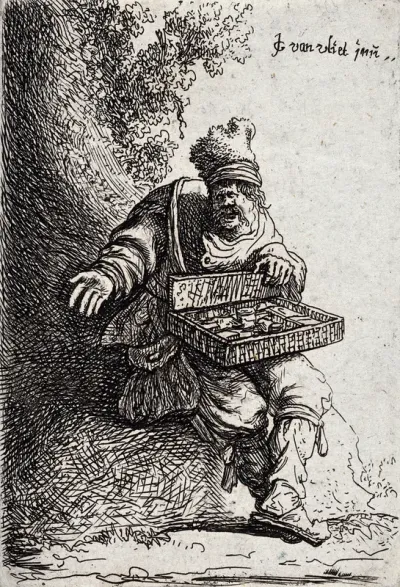 A hawker selling wares from his tray