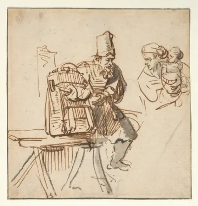 A Hawker Showing an Animal in a Cage to a Woman and Her Child