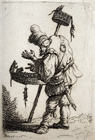 A hawker with a hawker's tray full of rodents