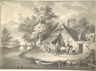 A Haywagon In front of a Cottage Beside a Stream