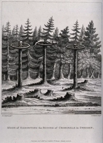 A head, a hand and a torso of a criminal, each deposited on a cartwheel on top of a stripped tree-trunk
