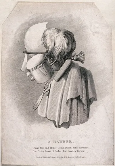 A head of a barber made up of the tools of his trade