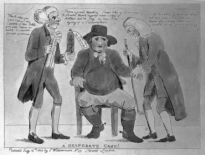 A healthy country squire being administered to by two ruthless doctors