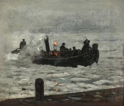 A heavily loaded boat at dusk.