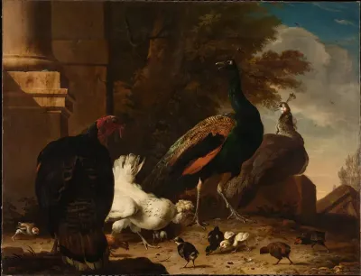 A Hen with Peacocks and a Turkey