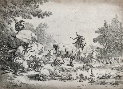 A herder resting with his flock of goats near a river