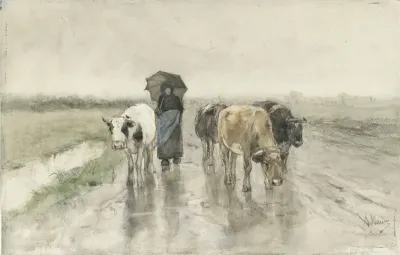 A Herdess with Cows on a Country Road in the Rain