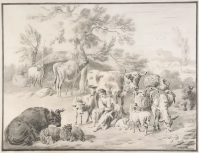 A Herdswoman Seated Amongst Her Animals, with a Lamb in Her Arms