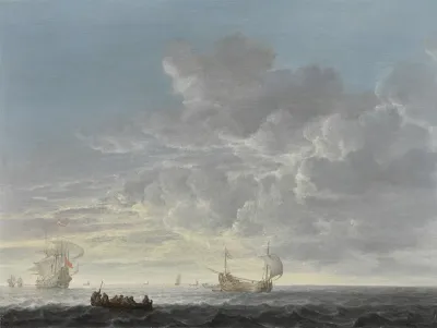 A herring fleet with a warship offshore in a light chop and gentle breeze