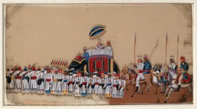 A high ranking man sitting under a parasol on an elephant, preceded by a group of soldiers on foot and followed by four soldiers on horseback