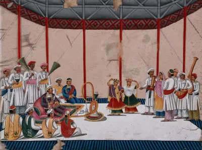 A high ranking man smoking a hookah pipe and watching the musicians and dancing girls
