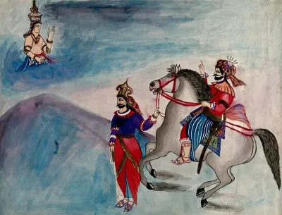 A high ranking person on horseback, being blessed by a god