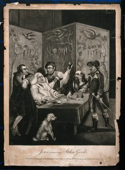 A highwayman tries to sell stolen articles to a group of Jewish receivers