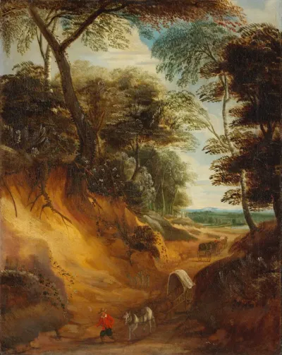 A hilly landscape with travellers and a wagon on a path