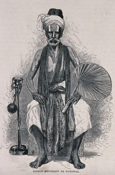 A Hindu ascetic, or holy man, at Haridwar: seated, holding a fan