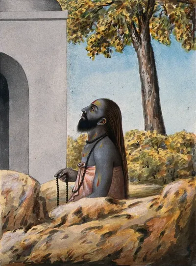 A Hindu ascetic or holy man, left profile view, meditating outside a temple (?)