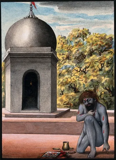 A Hindu ascetic or holy man, performing austerities outside a temple (?)