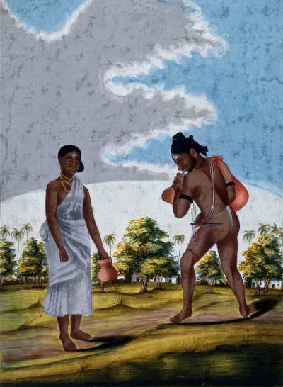 A Hindu ascetic or holy man performing self-torture, accompanied by a woman