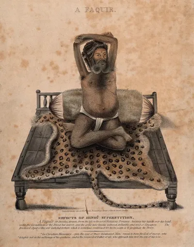 A Hindu ascetic, or holy man: seated in the lotus position on a leopard skin, with withered arms raised above his head