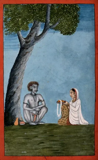 A Hindu ascetic or holy man, seated under a tree, receiving food from a kneeling woman