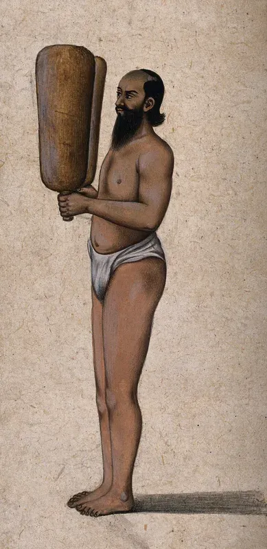 A Hindu ascetic or holy man: standing, wearing a loincloth and carrying two large weights (?), one in each hand