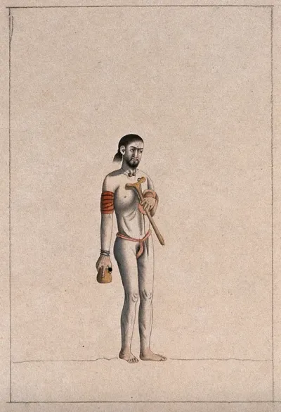 A Hindu ascetic or holy man: standing, wearing a saffron loincloth and carrying a kamandal (sacred pot), a bowl (?) and an asho (wooden handrest)