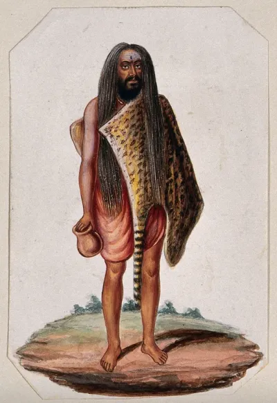 A Hindu ascetic or holy man: standing, wearing a short saffron robe and tigerskin