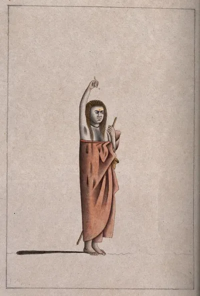 A Hindu ascetic or holy man: standing, with his right arm raised above his head