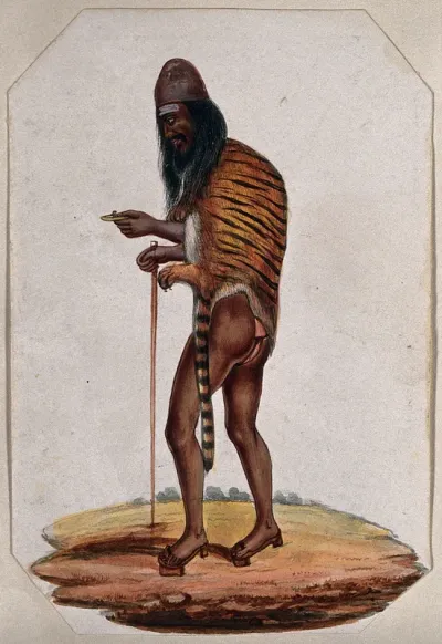 A Hindu ascetic or holy man: walking, wearing a cap, loincloth, tigerskin and raised sandals (pattens)