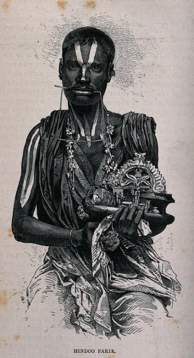 A Hindu ascetic, or holy man: with a rod piercing his cheeks, and holding some ceremonial objects