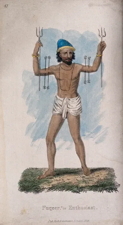 A Hindu ascetic, or holy man: with two rods piercing his upper arms, and holding a trident in each hand