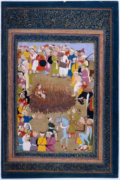A Hindu princess committing suttee against the wishes of the Emperor Akbar but with his reluctant consent