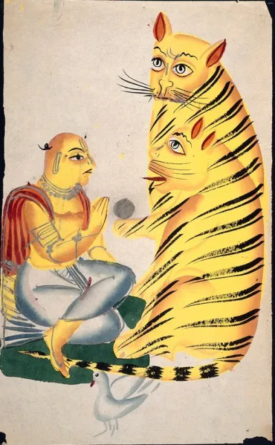 A holy man with two tigers