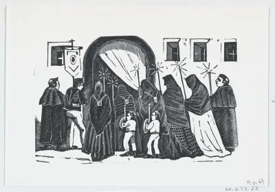 A holy procession with figures in black cloaks holding candles