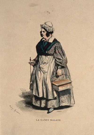 A home nurse carrying a 'hot-coal' bed warmer
